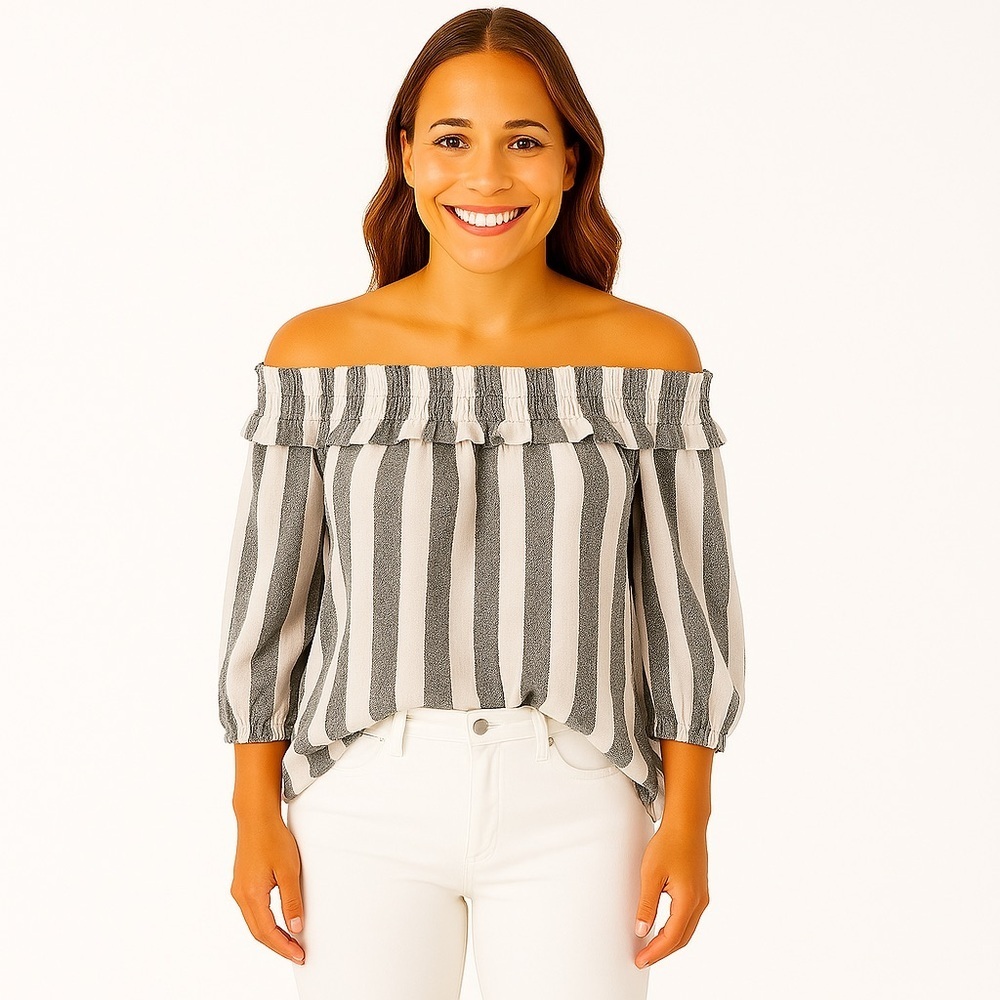 MISA LOS ANGELES GREY WHITE OFF SHOULDER QUARTER LENGTH SLEEVE BLOUSE COTTON M